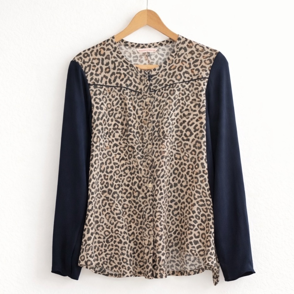 Rebecca Taylor Leopard Print Contrast Sleeve Button Front Blouse XS